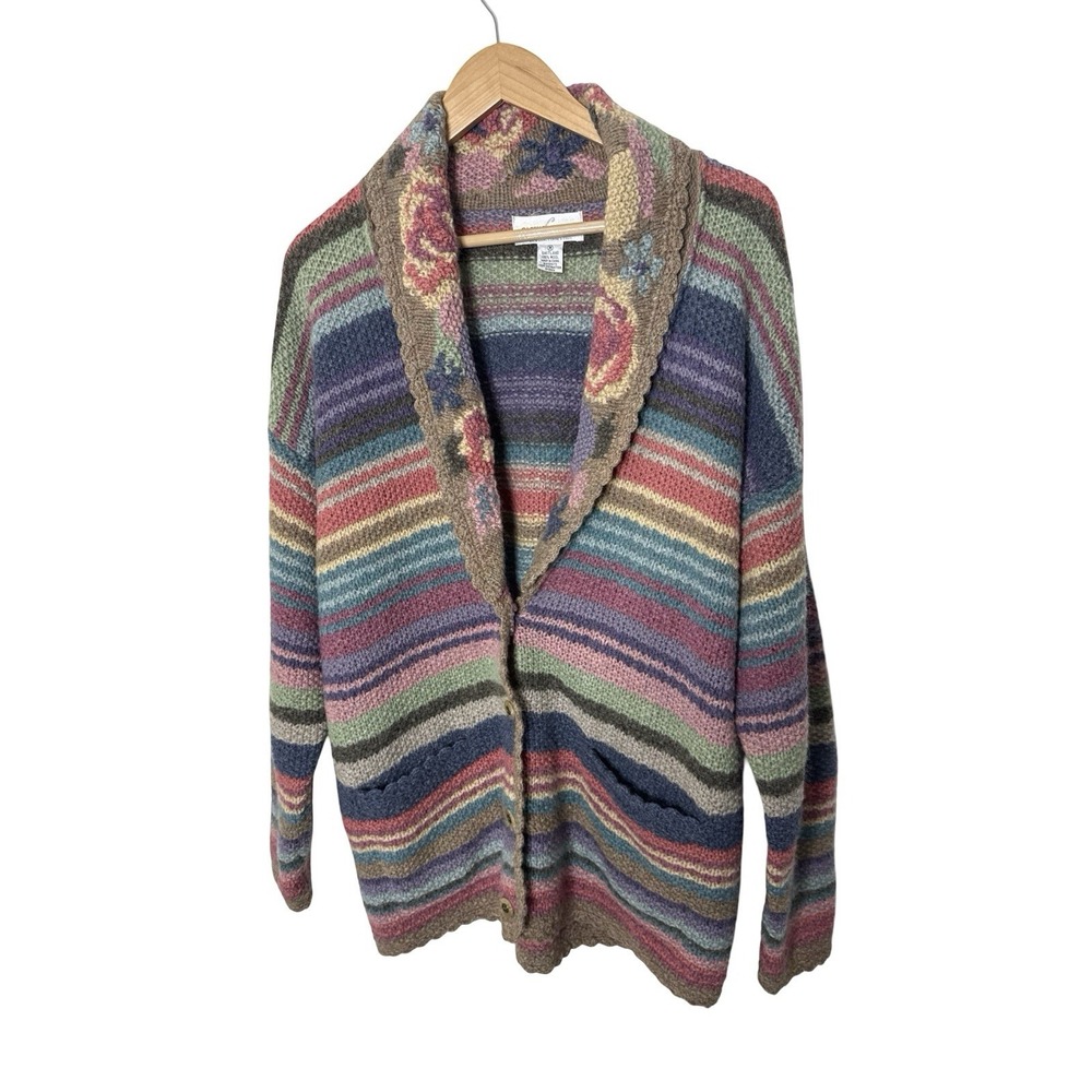 VTG Casual Corner Shetland Wool Striped Floral Shawl Collar Cardigan Cottagecore